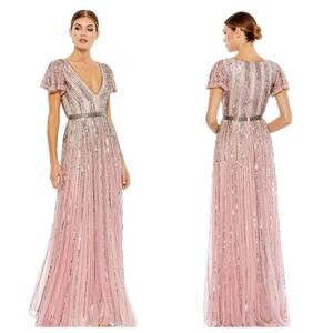 Mac Duggal Stripe Lined Sequin V-Neck Gown Rose Pink Size 4 NWT